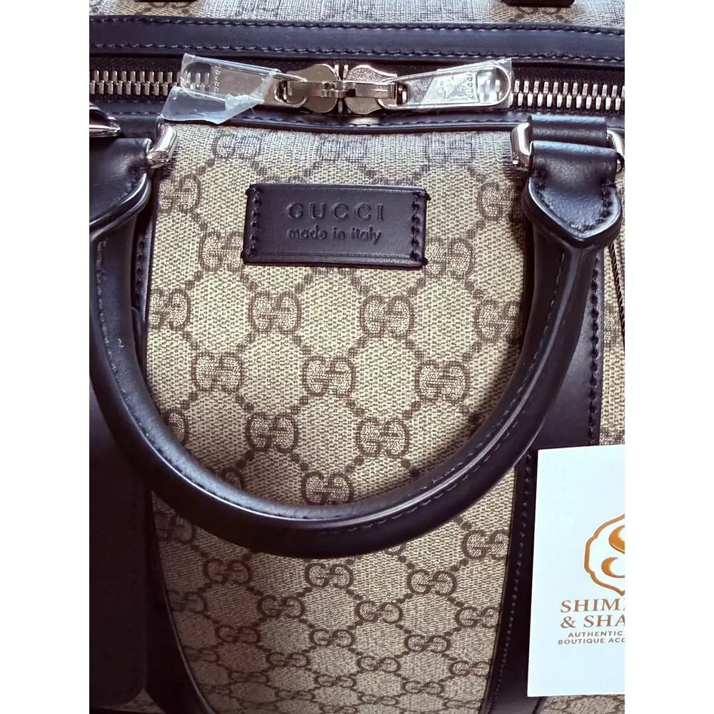 Gucci GG Supreme XL Travel Duffel Bag Beige Ebony Black Leather Full Set New